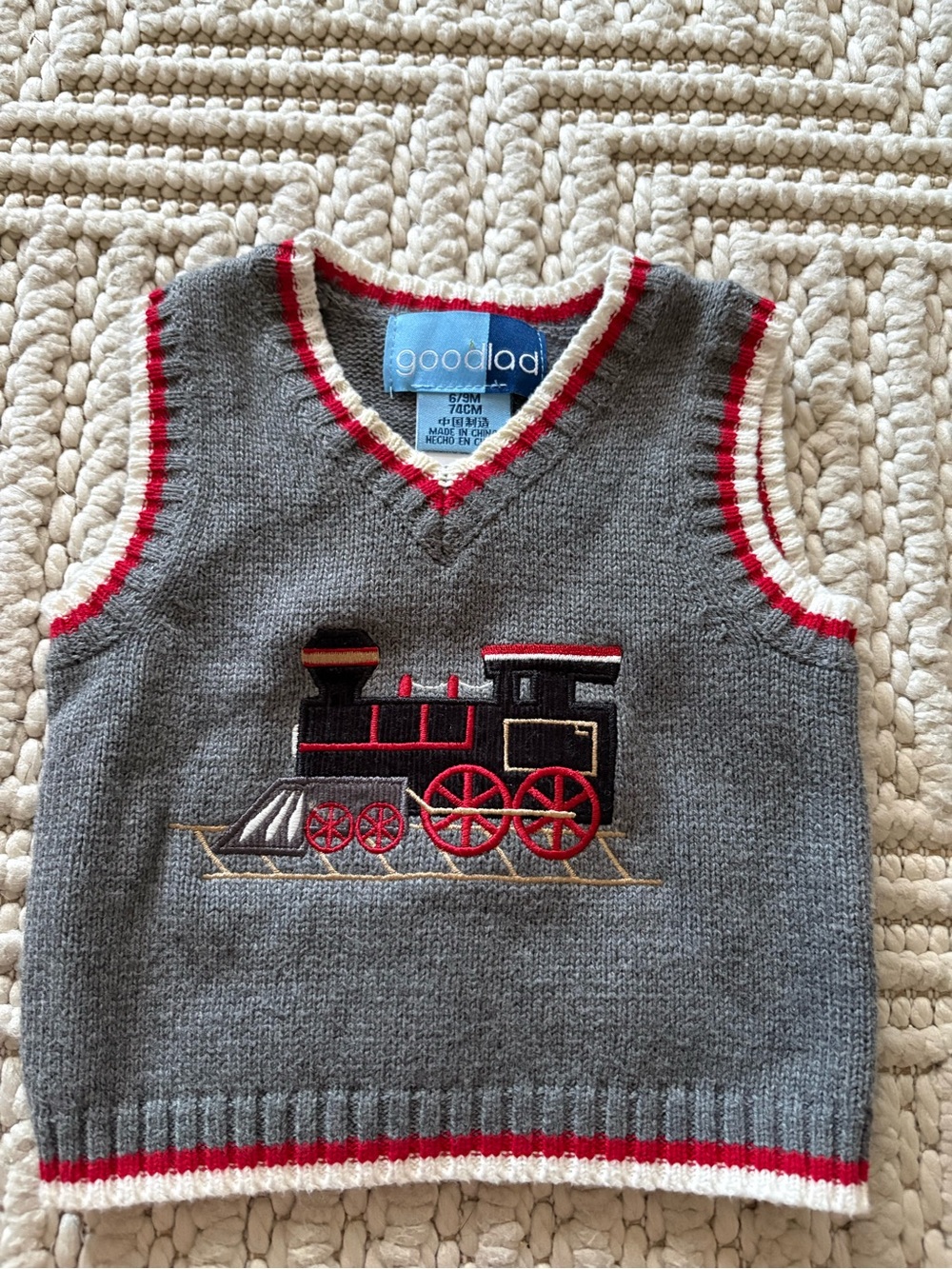 Good Lad Gray Knit Vest with Red Trim & Train Applique